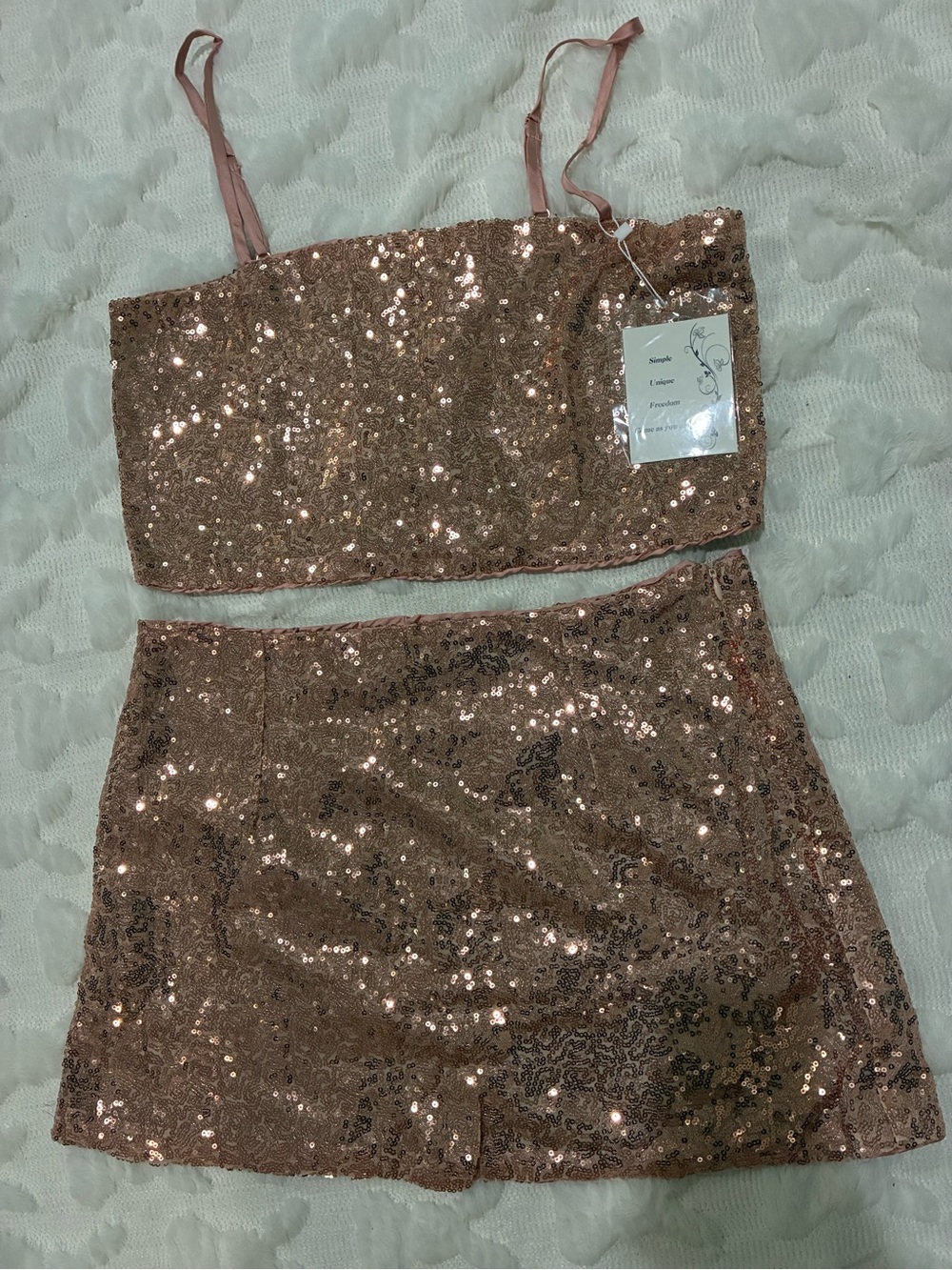 Sequin Bandeau Crop Top & Mini Skirt Set - Rose Gold Glam